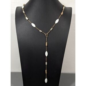 Kenneth Cole NY White Shell Gold Tone Y Drop Lariat Necklace Boho 30"